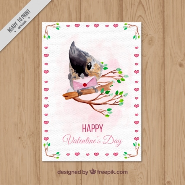 Tarjeta de feliz san valentín con pájaro de acuarela