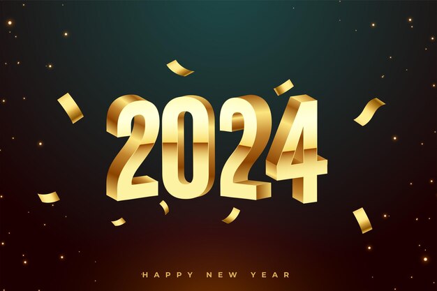 Tarjeta festiva de año nuevo de estilo 3D 2024 con vector de diseño de confeti dorado