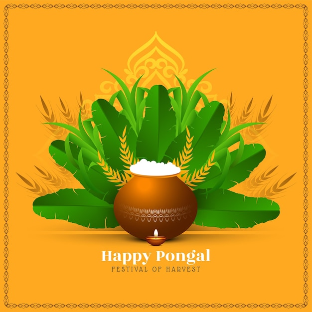 Tarjeta del festival happy pongal con hojas de plátano y vector de caña de azúcar