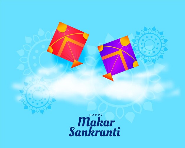 Tarjeta del festival hindú makar sankranti con cometas voladoras y nubes