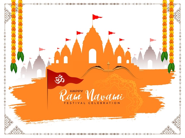 Vector gratuito tarjeta del festival indio tradicional happy ram navami con vector de templo y bandera