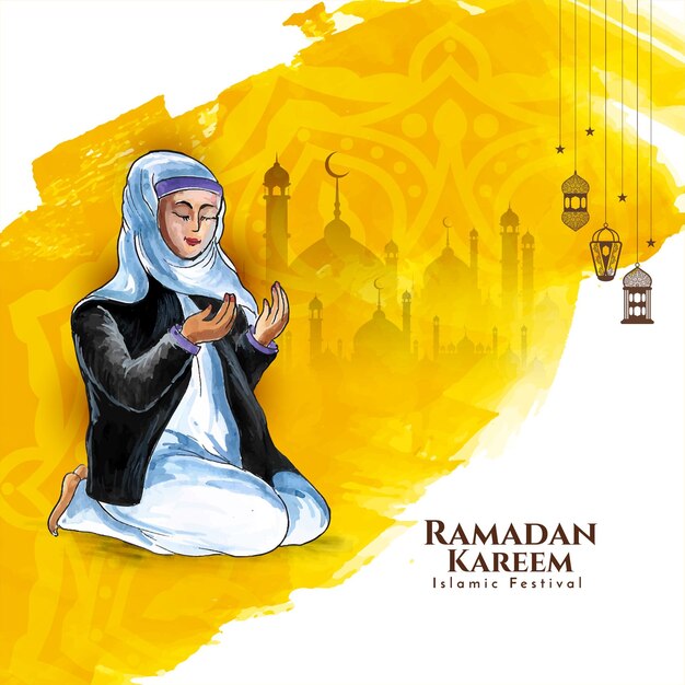 Vector gratuito tarjeta del festival ramadan kareem con mujer musulmana ofreciendo namaz a allah