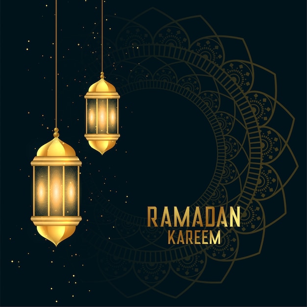 Vector gratuito tarjeta de festival de ramadan kareen dorado con linternas