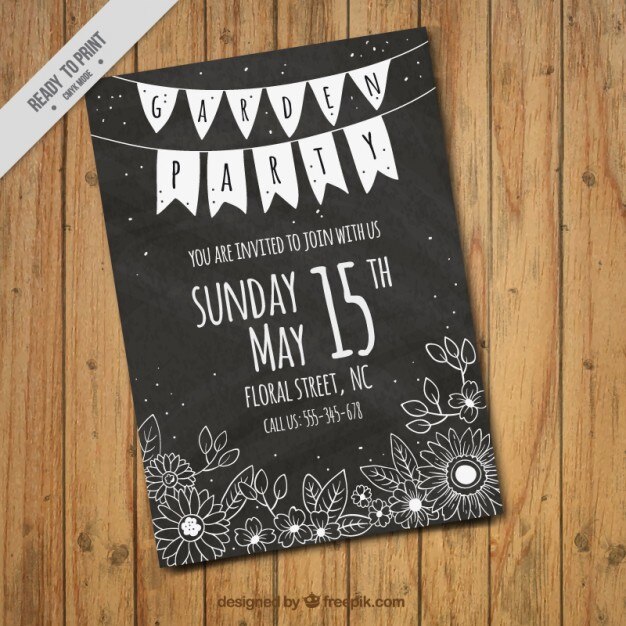 Tarjeta de fiesta de jardín con flores en estilo pizarra