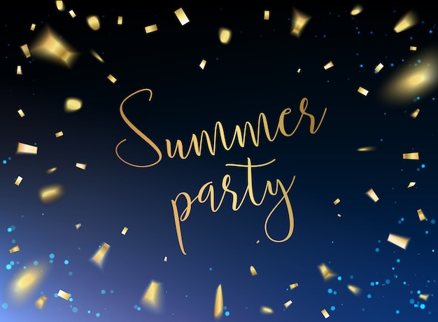 Tarjeta de fiesta de verano con confeti dorado sobre fondo negro.