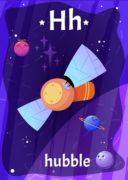 Tarjeta flash de alfabeto espacial imprimible de dibujos animados con letra H y hubble