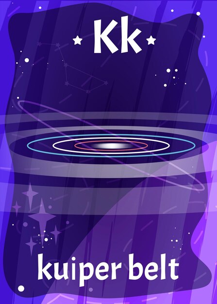 Tarjeta flash de alfabeto espacial imprimible de dibujos animados con letra K y cinturón kuiper