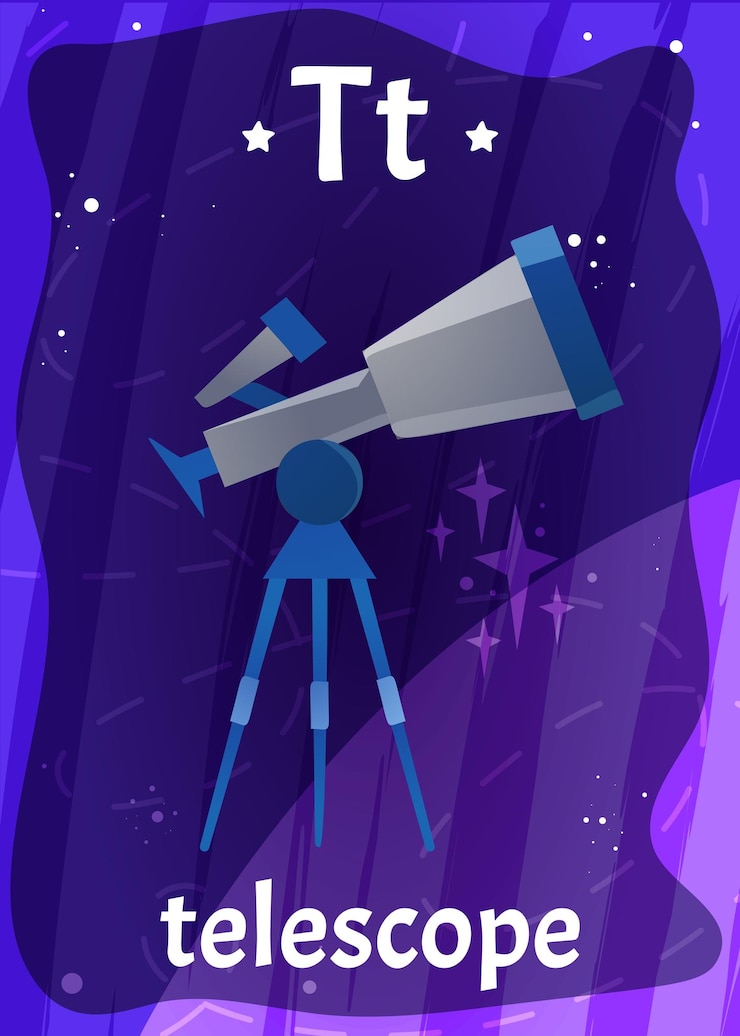 Vector gratuito tarjeta flash del alfabeto espacial imprimible de dibujos animados con la letra t y el telescopio
