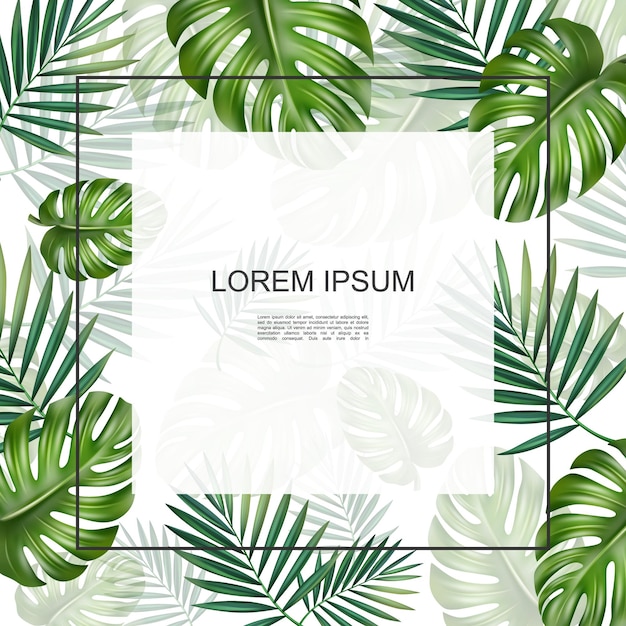 Vector gratuito tarjeta floral de plantas tropicales realistas con marco para texto monstera y marco de hojas naturales de palma