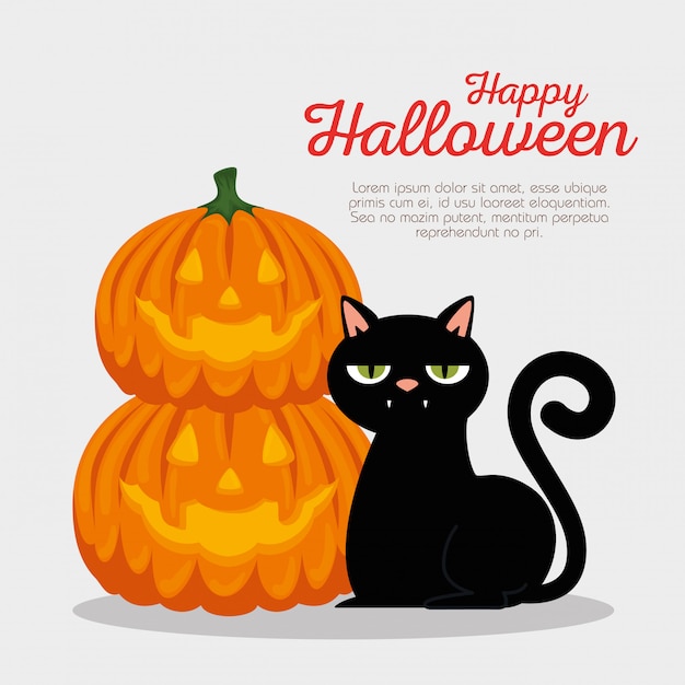 Tarjeta de halloween con calabaza y gato