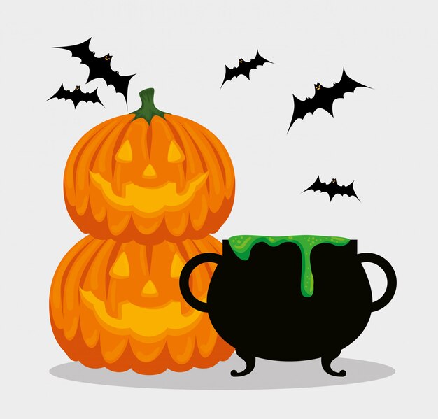 Tarjeta de Halloween con caldero y calabazas