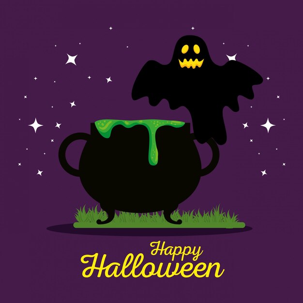 Tarjeta de Halloween con caldero y fantasma