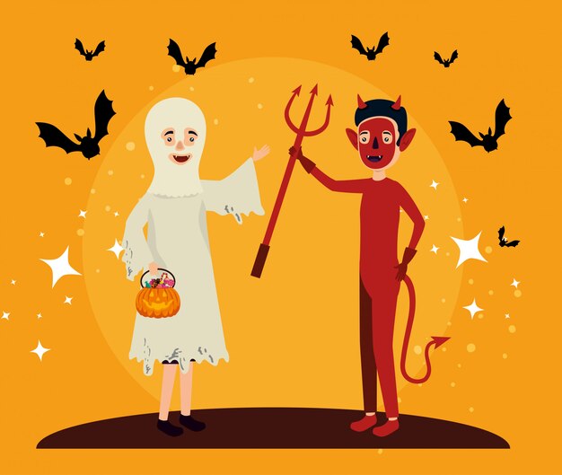 Tarjeta de Halloween con disfraz de fantasma y demonio