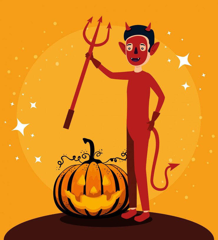 Vector gratuito tarjeta de halloween con personaje de calabaza y demonio