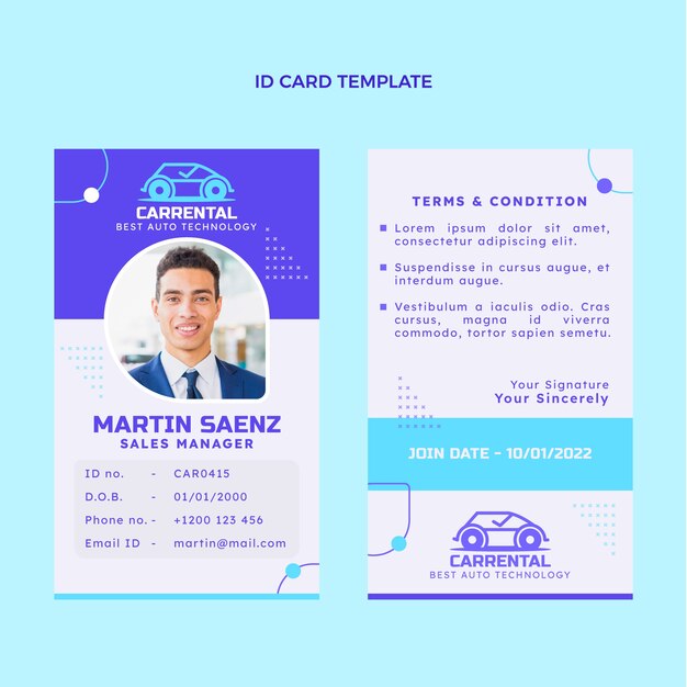 Tarjeta de identificación de alquiler de coche de diseño plano