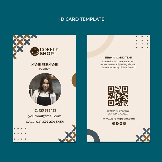 Tarjeta de identificación de cafetería mínima de diseño plano