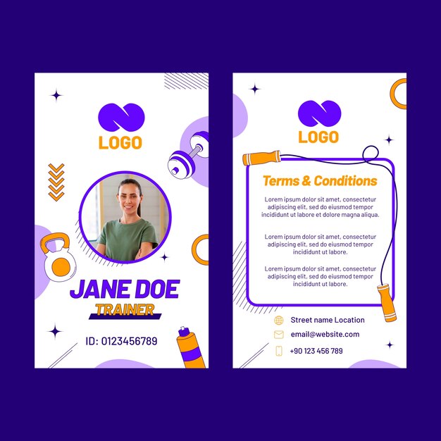 Tarjeta de identificación de entrenamiento de gimnasio geométrico dibujado a mano