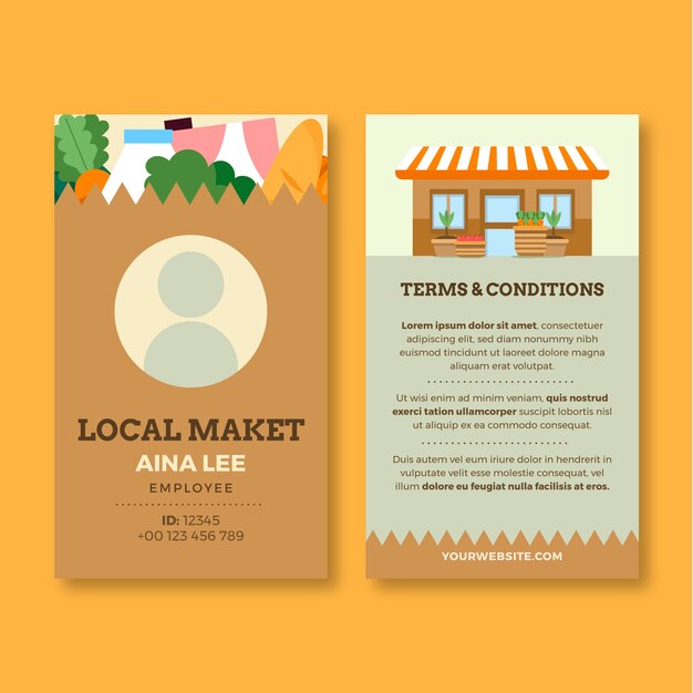 Tarjeta de identificación de mercado local de diseño plano