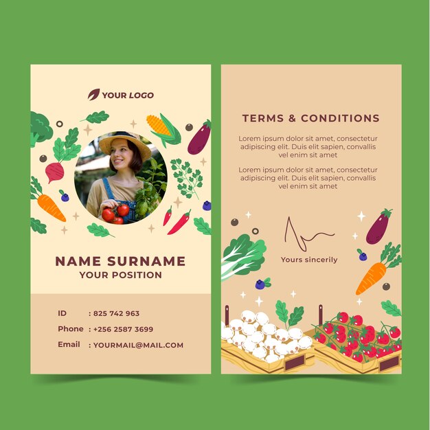 Tarjeta de identificación plana dibujada a mano del mercado local