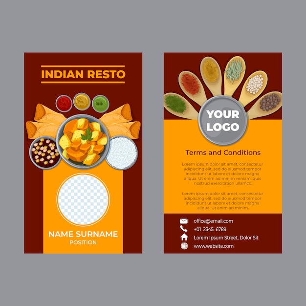 Tarjeta de identificación de restaurante indio de diseño plano