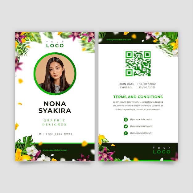 Vector gratuito tarjeta de identificación de trabajo de floristería realista