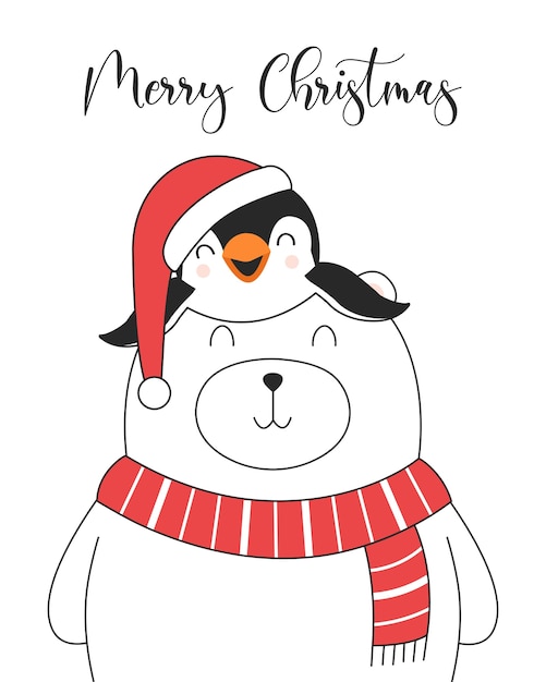 Tarjeta de ilustración divertida feliz navidad con oso polar y pingüino.