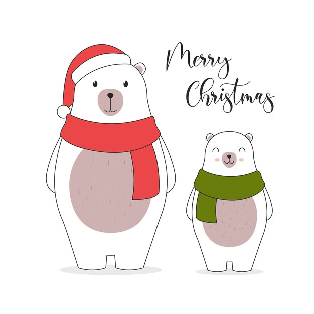 Tarjeta de ilustración de feliz Navidad. . Lindos personajes de oso polar.