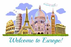 Vector gratuito tarjeta de ilustración de viajes de edificios de europa