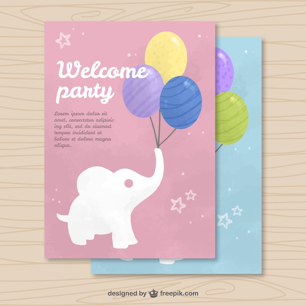 Vector gratuito tarjeta de invitación de acuarela con elefante y globos