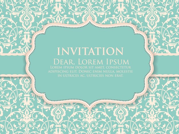 Tarjeta de invitación y anuncio de boda con ilustraciones de fondo vintage. Elegante fondo adornado del damasco. Elegante ornamento abstracto floral. Plantilla de diseño.