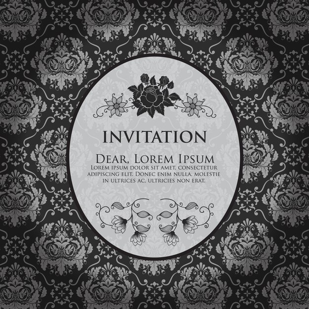 Tarjeta de la invitación y del aviso de la boda con las ilustraciones del fondo del vintage. Fondo adornado elegante del damasco. Ornamento abstracto floral elegante. Plantilla de diseño.