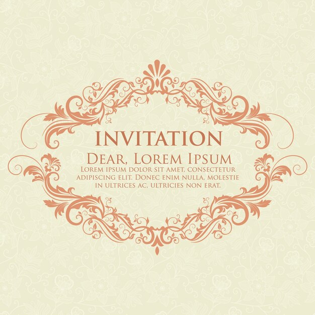 Tarjeta de la invitación y del aviso de la boda con las ilustraciones del fondo del vintage. Fondo adornado elegante del damasco. Ornamento abstracto floral elegante. Plantilla de diseño.