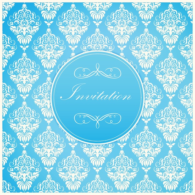 Tarjeta de la invitación y del aviso de la boda con las ilustraciones del fondo del vintage. Fondo adornado elegante del damasco. Ornamento abstracto floral elegante. Plantilla de diseño.