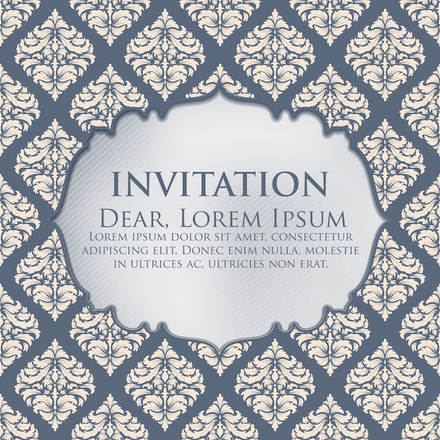 Tarjeta de la invitación y del aviso de la boda con las ilustraciones del fondo del vintage. Fondo adornado elegante del damasco. Ornamento abstracto floral elegante. Plantilla de diseño.