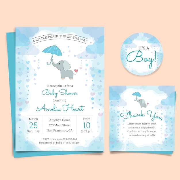 Vector gratuito tarjeta de invitación de baby shower con elefante