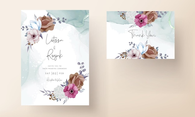 tarjeta de invitación de boda boho con hermosas flores y hojas