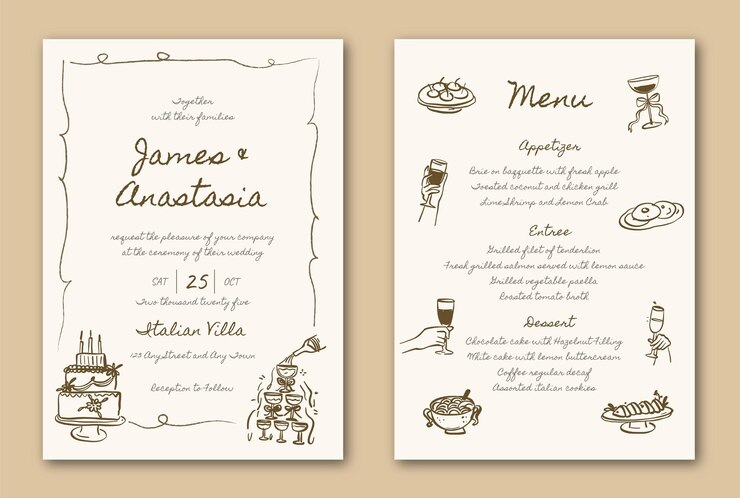 Vector gratuito tarjeta de invitación de boda caprichosa dibujada a mano