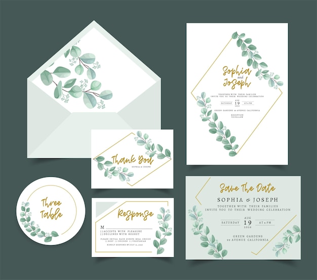 Vector gratuito tarjeta de invitación de boda con decoración floral y hojas.