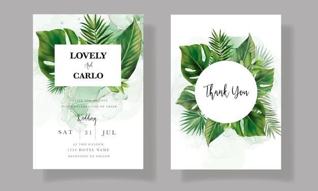 Tarjeta de invitación de boda elegante con acuarela de hojas tropicales verdes