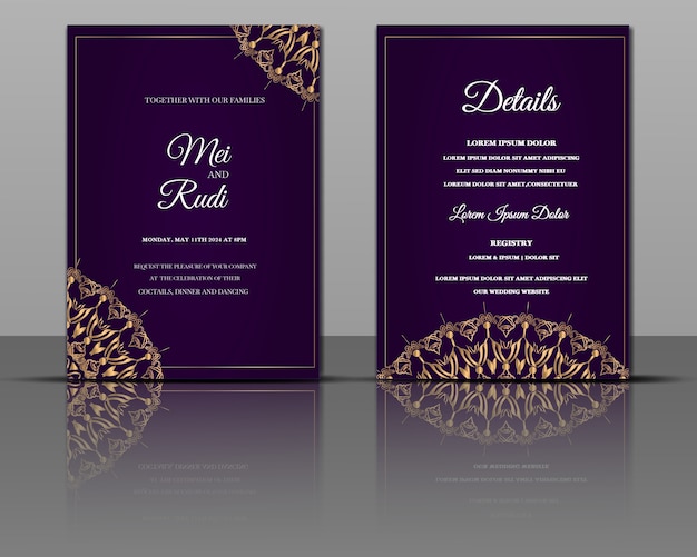 Tarjeta de invitación de boda elegante mandala oro