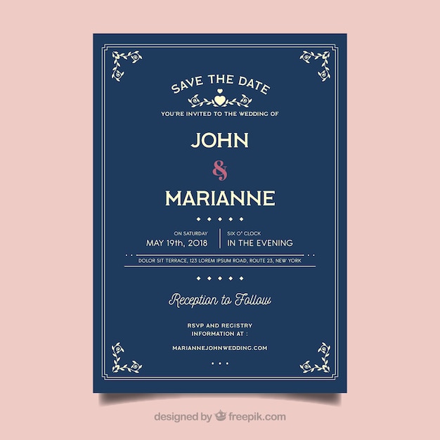 Tarjeta invitación de boda en estilo plano