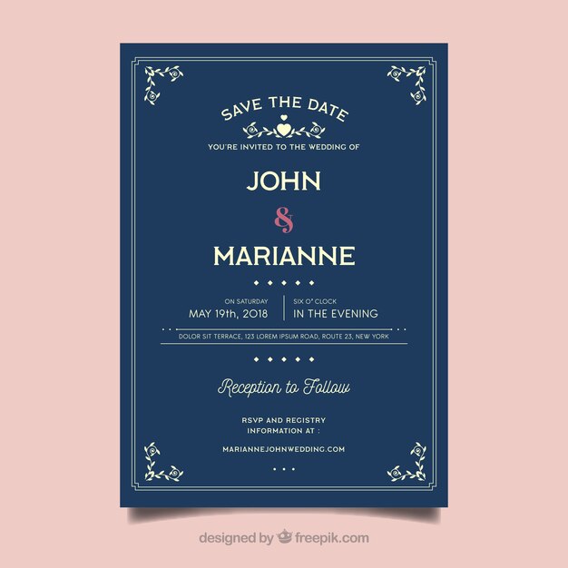 Tarjeta invitación de boda en estilo plano