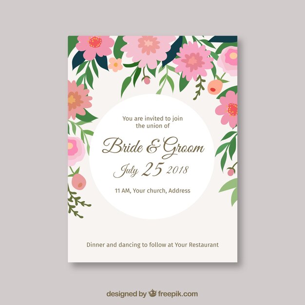 Tarjeta de invitación de boda en estilo plano