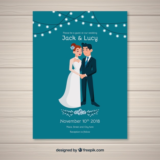 Tarjeta de invitación de boda en estilo plano