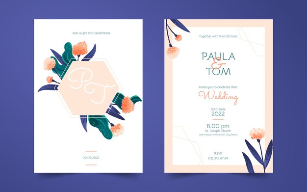 Tarjeta de invitación de boda floral dibujada a mano
