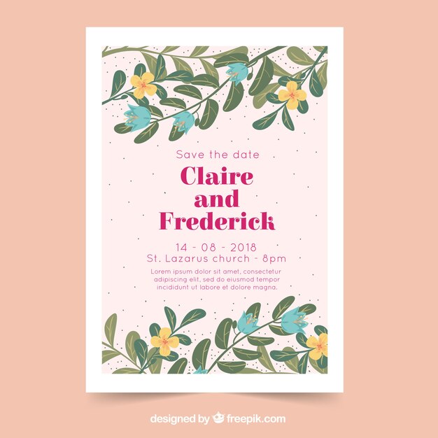 Tarjeta de invitación de boda floral en estilo plano