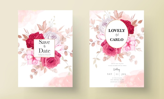Tarjeta de invitación de boda floral granate dibujada a mano romántica