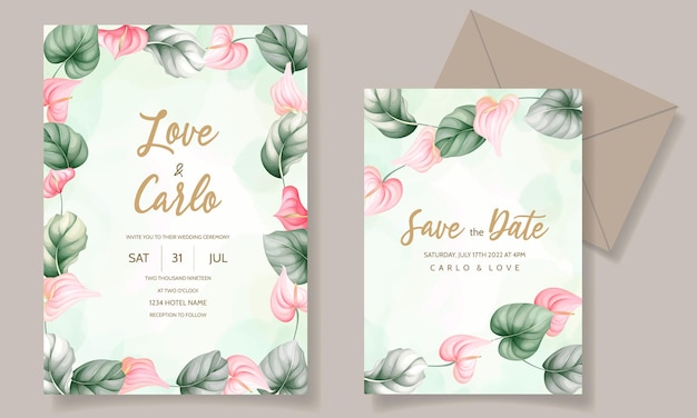 Tarjeta de invitación de boda floral hermosa dibujada a mano