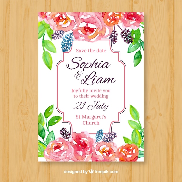 Vector gratuito tarjeta de invitación de boda con flores y plantas