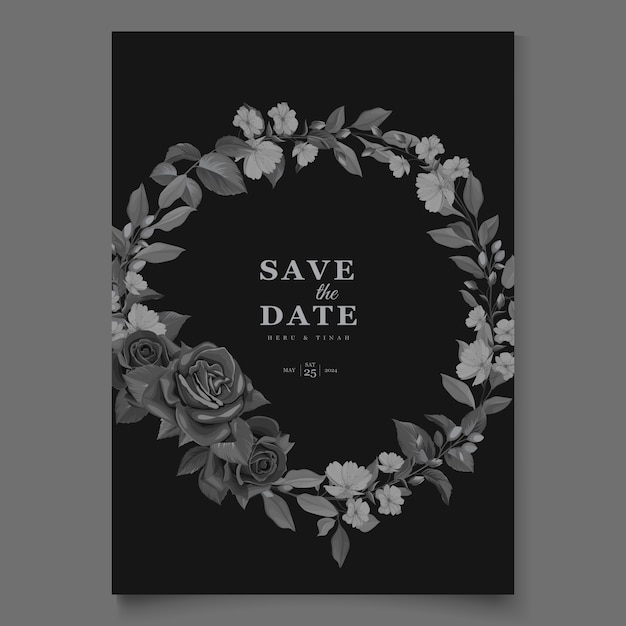 Vector gratuito tarjeta de invitación de boda hermosa con corona floral negra